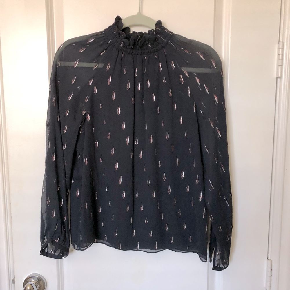 Rebecca Taylor Metallic Clip High Neck Top Silk Blouse Navy Blue